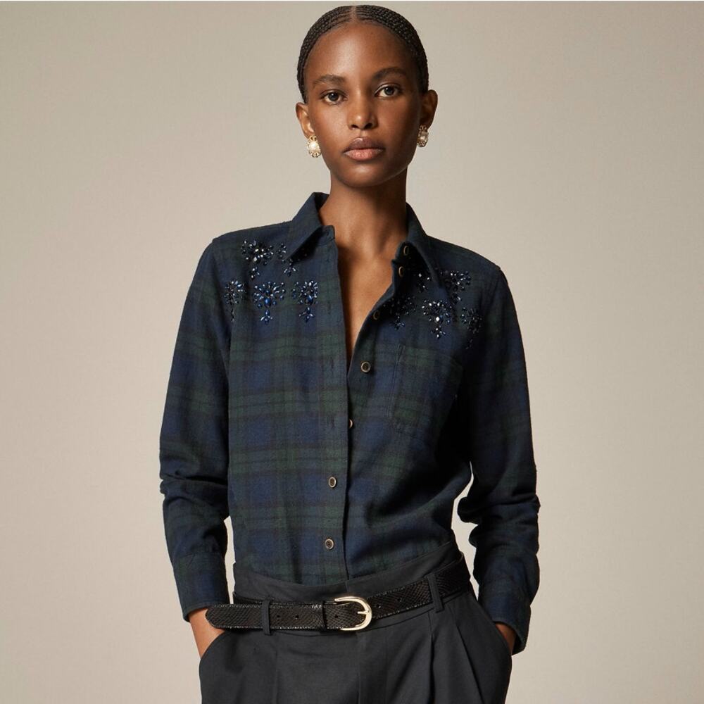 J.Crew Embellished Button-up Shirt SZ 00 Blue Green Tartan Brushed Cotton Oxford